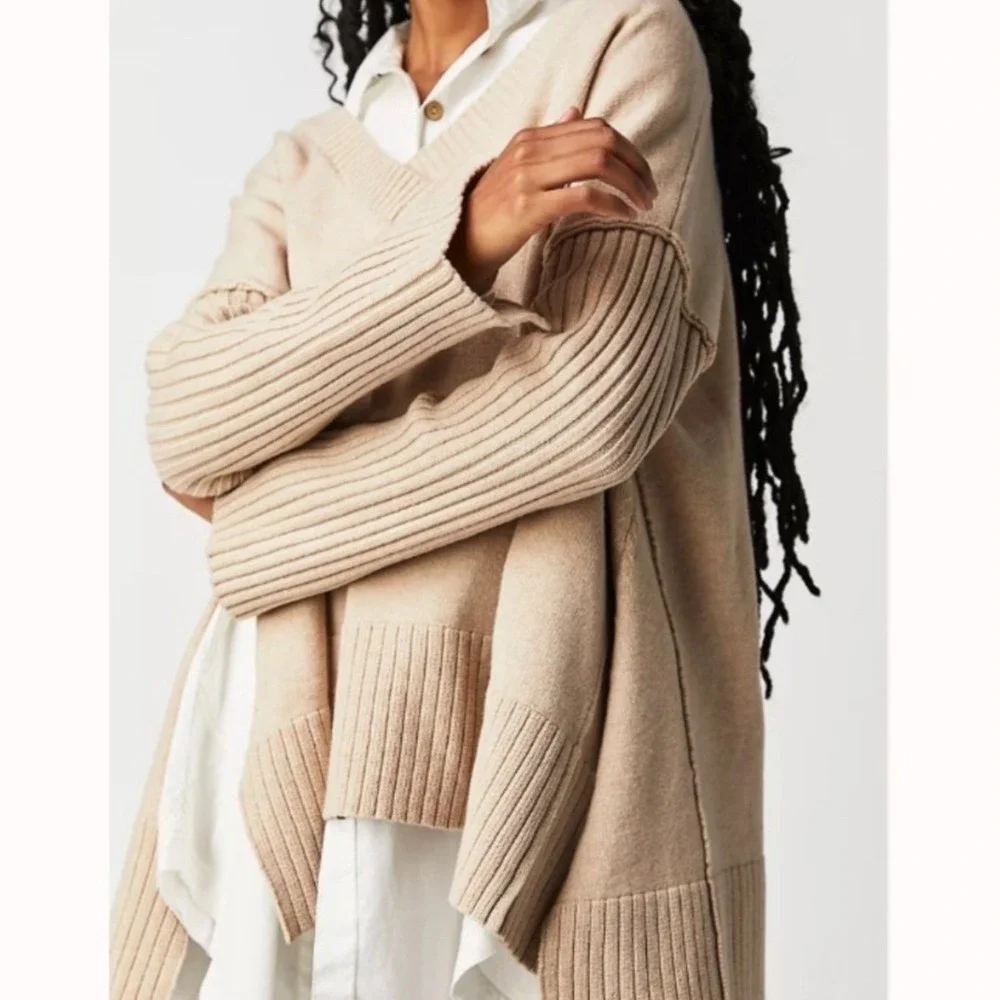 Free People Orion A line Tunic Sweater Beige Almond XS Knit Comfy Oversized